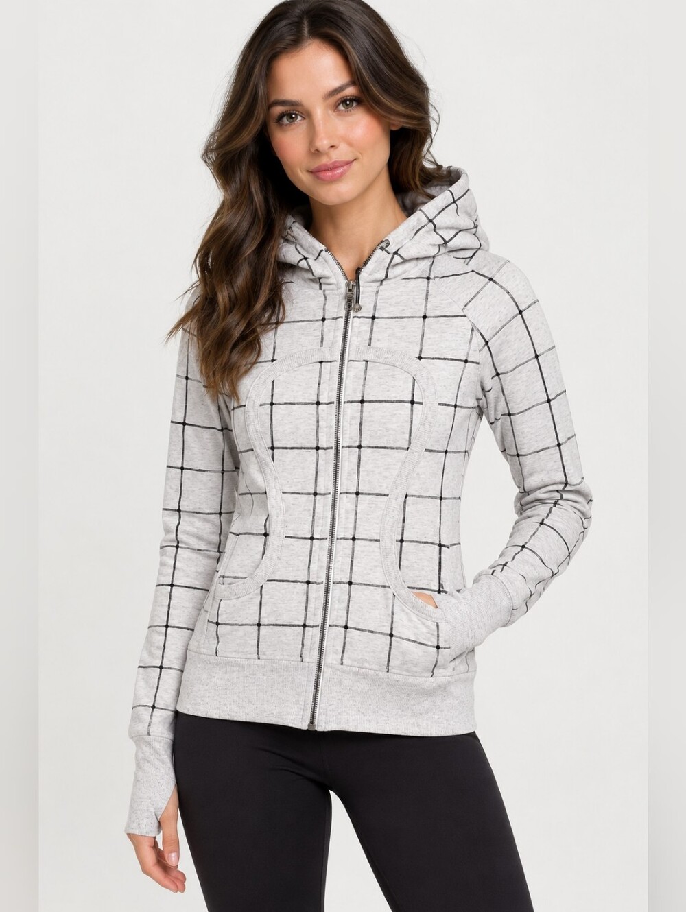 LULULEMON Scuba Hoodie II Gray Grid Zip Sz 2 Athleisure Cozy Slim Fit Graphic